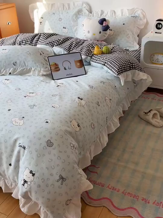 91家纺网 家纺一手货源 找家纺 六巷胡同 2026春夏新款韩系可爱风花边款卡通全棉四件套（第一系列） 花边海盐豹纹猫