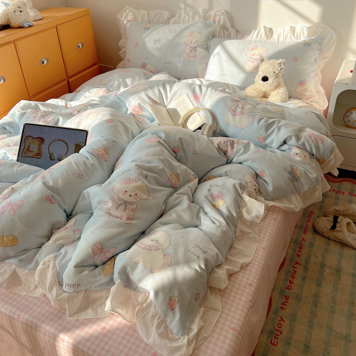 六巷胡同 2026春夏新款韩系可爱风花边款卡通全棉四件套（第一系列） 花边假日蛋糕犬