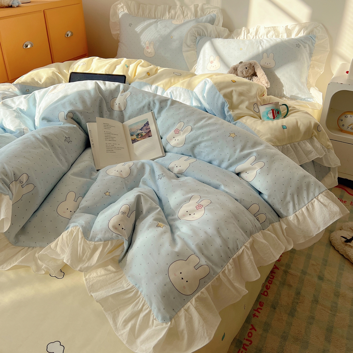 六巷胡同 2026春夏新款韩系可爱风花边款卡通全棉四件套（第一系列） 花边蓝调波点兔