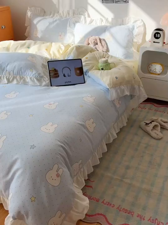 91家纺网 家纺一手货源 找家纺 六巷胡同 2026春夏新款韩系可爱风花边款卡通全棉四件套（第一系列） 花边蓝调波点兔