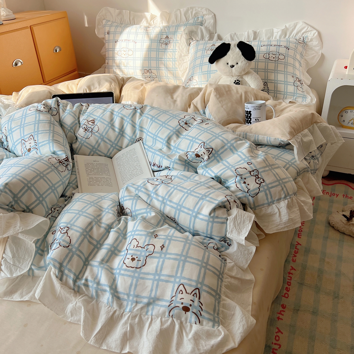 六巷胡同 2026春夏新款韩系可爱风花边款卡通全棉四件套（第一系列） 花边蓝格美拉犬