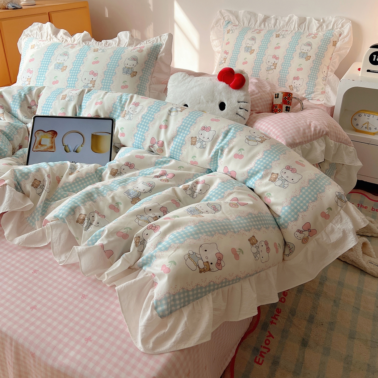 六巷胡同 2026春夏新款韩系可爱风花边款卡通全棉四件套（第一系列） 花边萝莉樱桃猫
