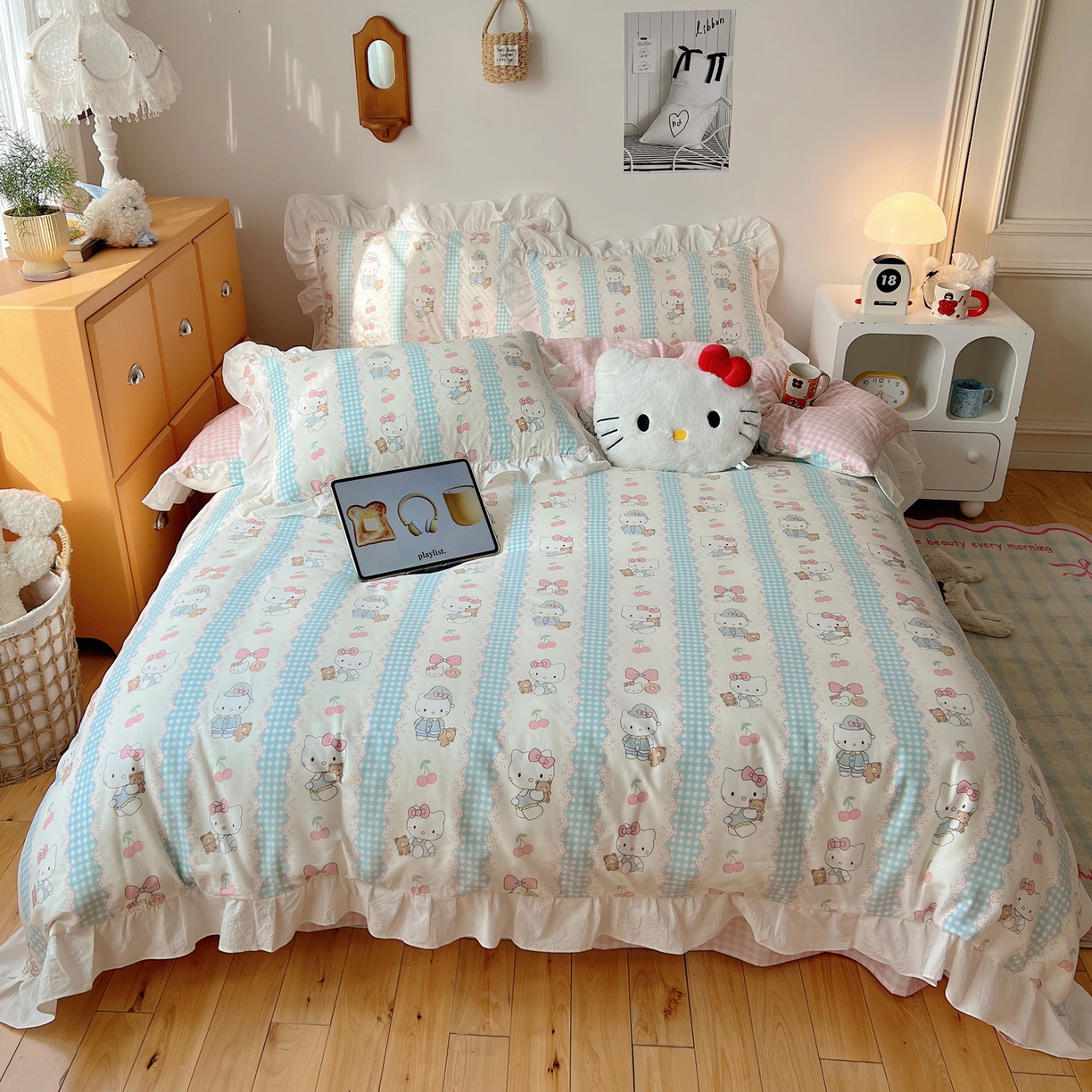 91家纺网 家纺一手货源 找家纺 六巷胡同 2026春夏新款韩系可爱风花边款卡通全棉四件套（第一系列） 花边萝莉樱桃猫