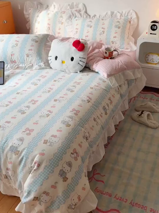 91家纺网 家纺一手货源 找家纺 六巷胡同 2026春夏新款韩系可爱风花边款卡通全棉四件套（第一系列） 花边萝莉樱桃猫