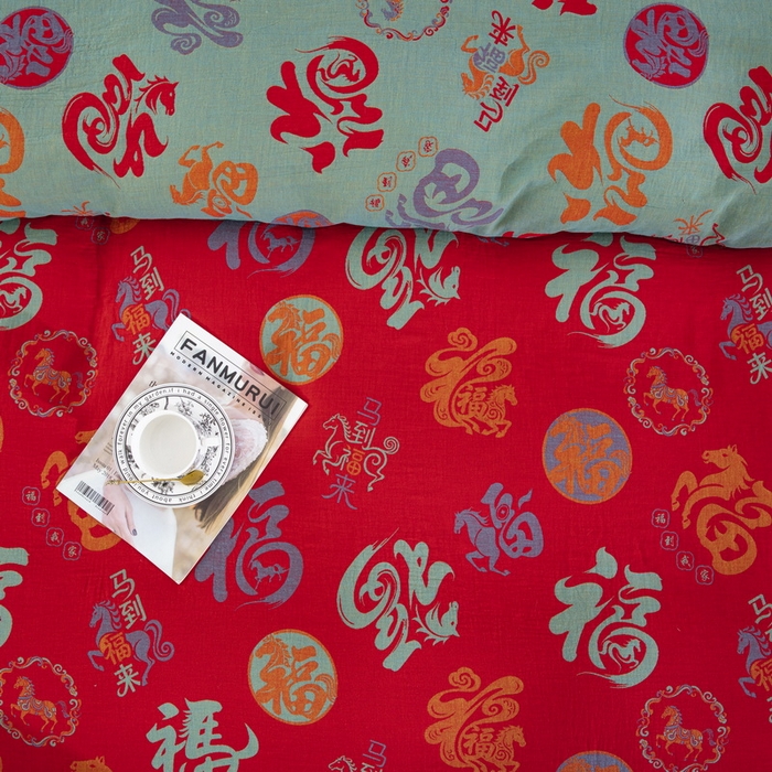 91家纺网 家纺一手货源 找家纺 （总）双层纱家居 2025新款全棉纯棉双层纱四件套-马上有福