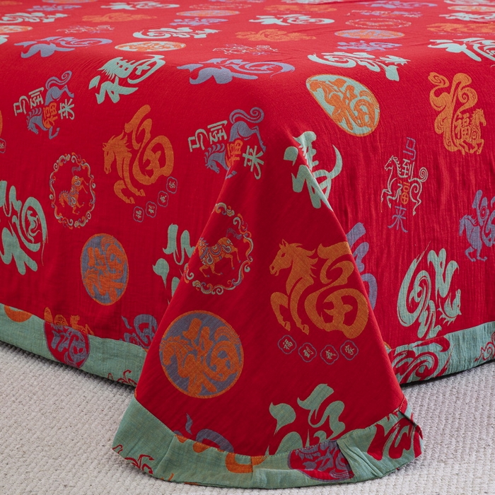 91家纺网 家纺一手货源 找家纺 （总）双层纱家居 2025新款全棉纯棉双层纱四件套-马上有福