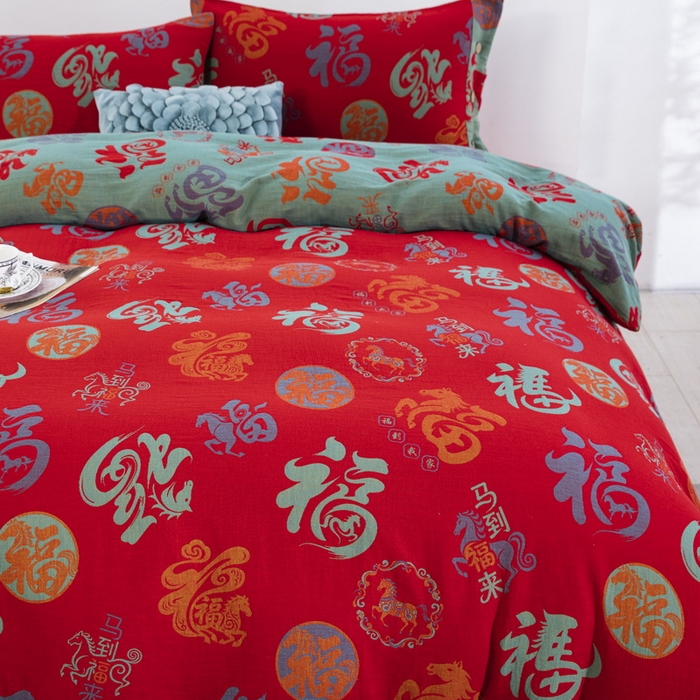 91家纺网 家纺一手货源 找家纺 （总）双层纱家居 2025新款全棉纯棉双层纱四件套-马上有福