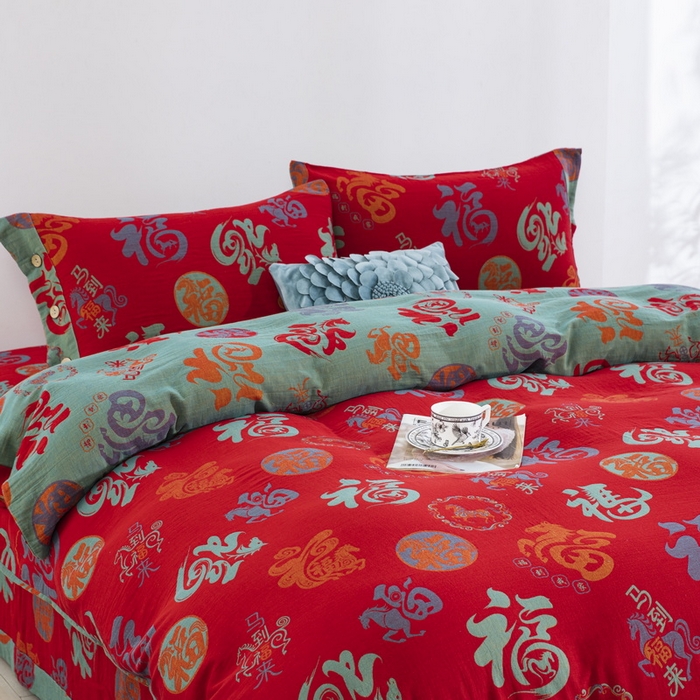 91家纺网 家纺一手货源 找家纺 （总）双层纱家居 2025新款全棉纯棉双层纱四件套-马上有福