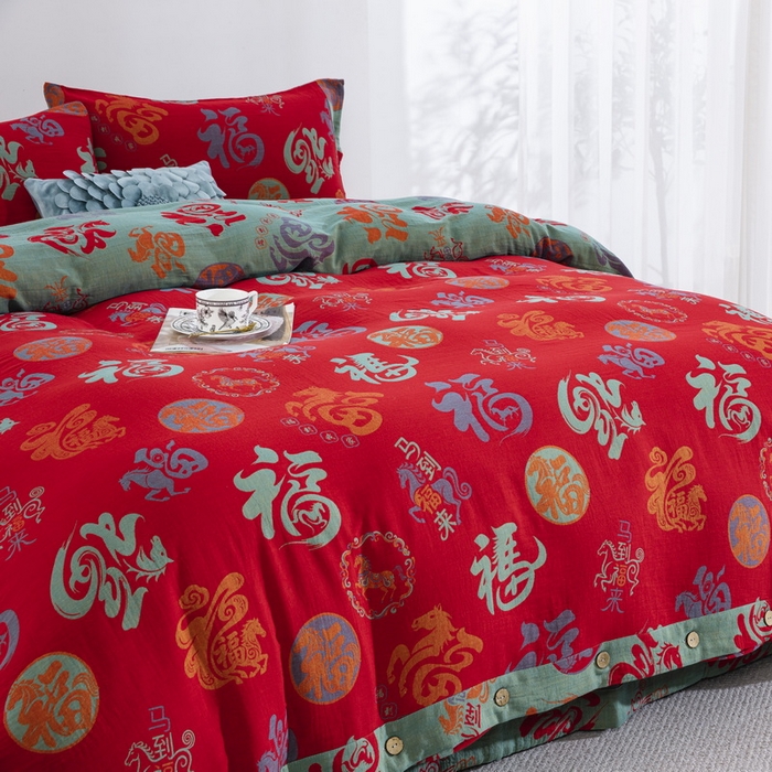 91家纺网 家纺一手货源 找家纺 （总）双层纱家居 2025新款全棉纯棉双层纱四件套-马上有福