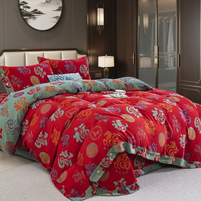 91家纺网 家纺一手货源 找家纺 （总）双层纱家居 2025新款全棉纯棉双层纱四件套-马上有福