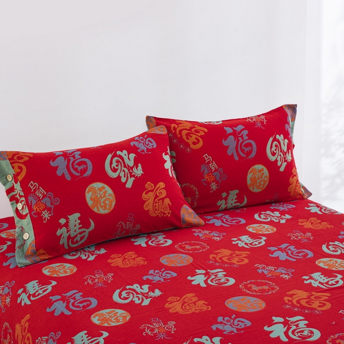 91家纺网 家纺一手货源 找家纺 （总）双层纱家居 2025新款全棉纯棉双层纱四件套-马上有福