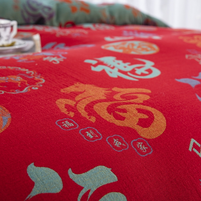 91家纺网 家纺一手货源 找家纺 （总）双层纱家居 2025新款全棉纯棉双层纱四件套-马上有福