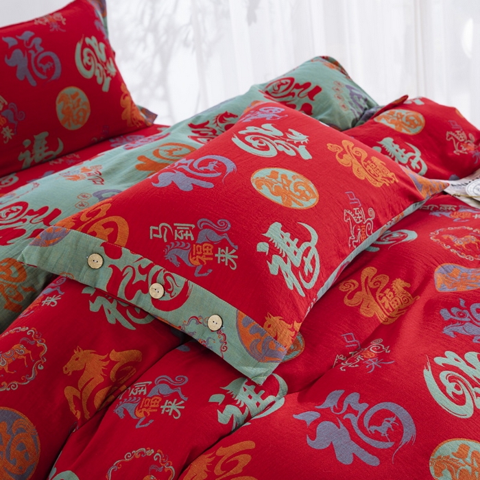 91家纺网 家纺一手货源 找家纺 （总）双层纱家居 2025新款全棉纯棉双层纱四件套-马上有福