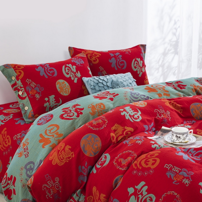 91家纺网 家纺一手货源 找家纺 （总）双层纱家居 2025新款全棉纯棉双层纱四件套-马上有福