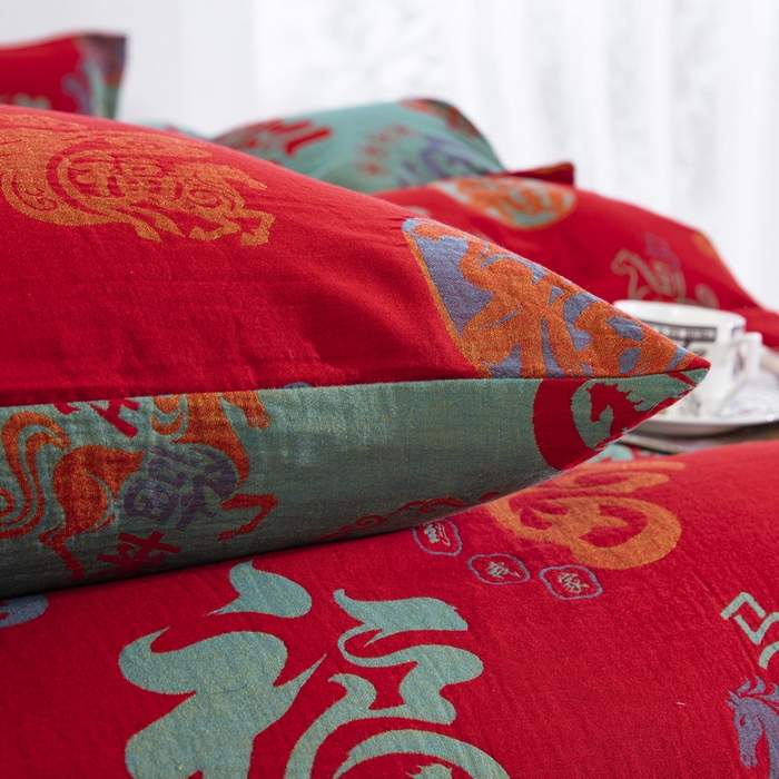 91家纺网 家纺一手货源 找家纺 （总）双层纱家居 2025新款全棉纯棉双层纱四件套-马上有福