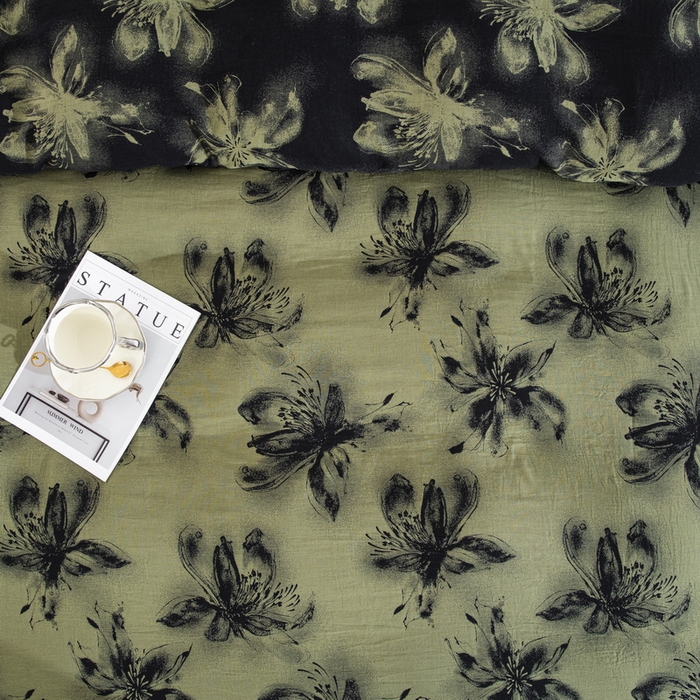 91家纺网 家纺一手货源 找家纺 （总）双层纱家居 2025新款全棉纯棉双层纱四件套-军绿