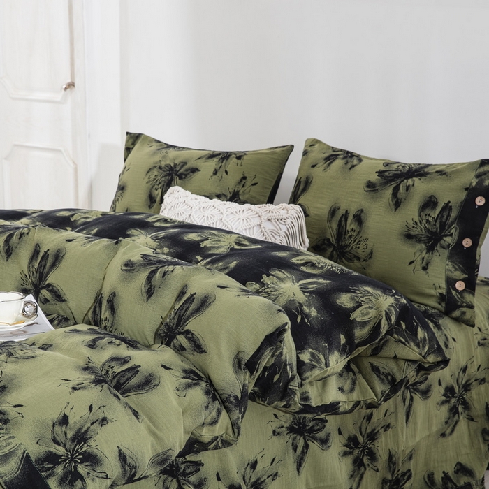 91家纺网 家纺一手货源 找家纺 （总）双层纱家居 2025新款全棉纯棉双层纱四件套-军绿