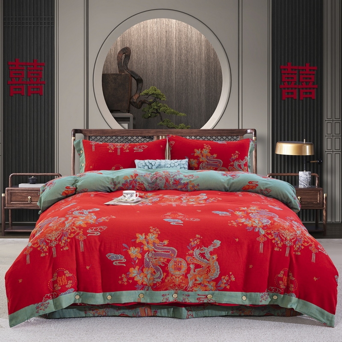 91家纺网 家纺一手货源 找家纺 （总）双层纱家居 2025新款全棉纯棉双层纱四件套-龙凤呈祥