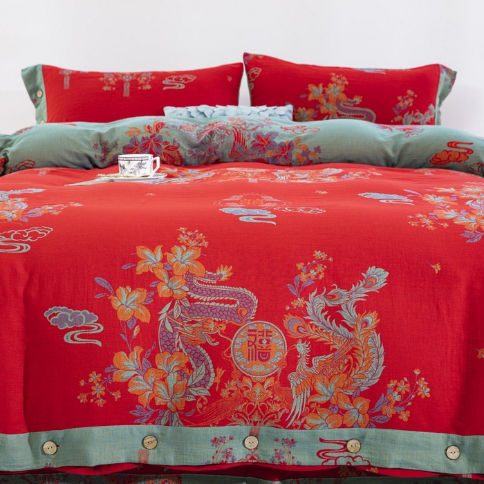 91家纺网 家纺一手货源 找家纺 （总）双层纱家居 2025新款全棉纯棉双层纱四件套-龙凤呈祥