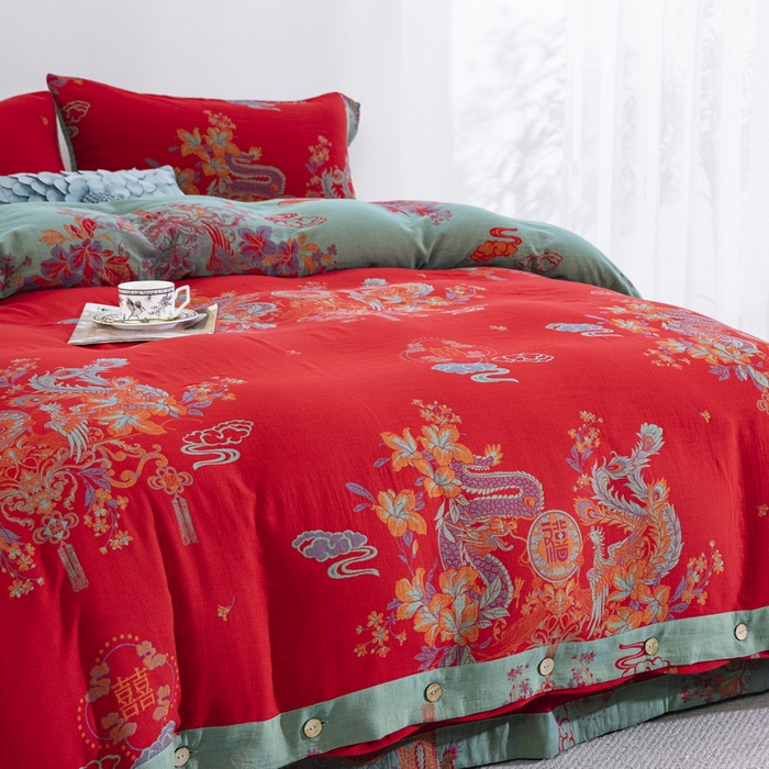 91家纺网 家纺一手货源 找家纺 （总）双层纱家居 2025新款全棉纯棉双层纱四件套-龙凤呈祥