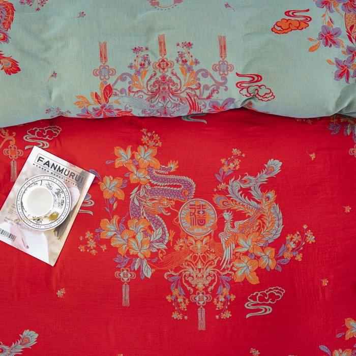 91家纺网 家纺一手货源 找家纺 （总）双层纱家居 2025新款全棉纯棉双层纱四件套-龙凤呈祥