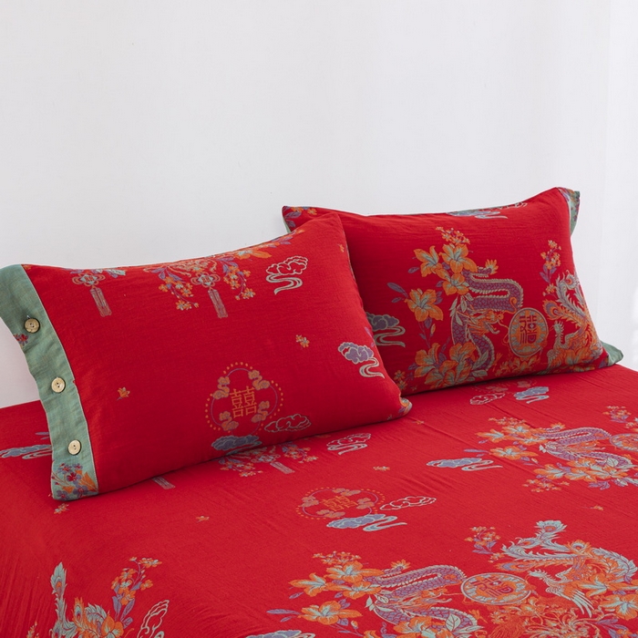 91家纺网 家纺一手货源 找家纺 （总）双层纱家居 2025新款全棉纯棉双层纱四件套-龙凤呈祥