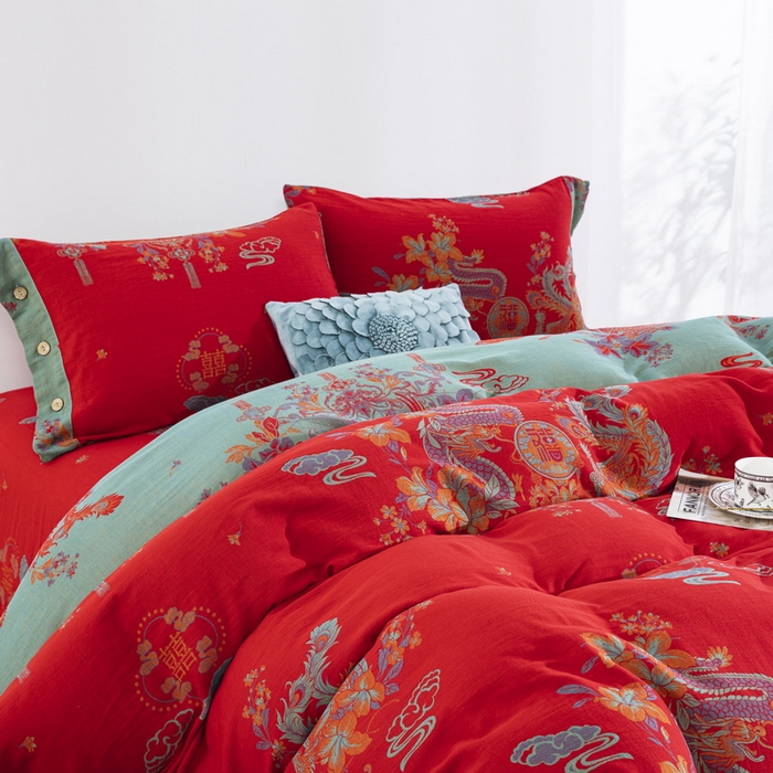 91家纺网 家纺一手货源 找家纺 （总）双层纱家居 2025新款全棉纯棉双层纱四件套-龙凤呈祥