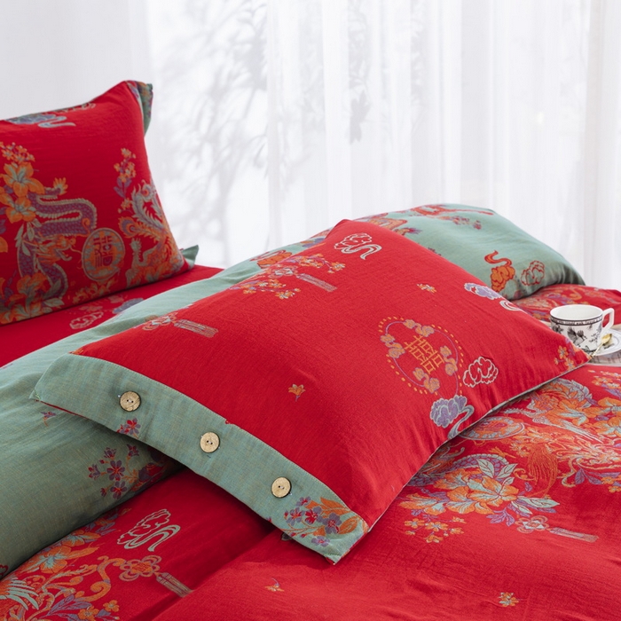 91家纺网 家纺一手货源 找家纺 （总）双层纱家居 2025新款全棉纯棉双层纱四件套-龙凤呈祥