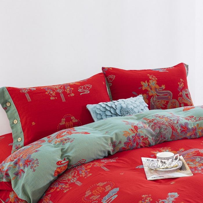 91家纺网 家纺一手货源 找家纺 （总）双层纱家居 2025新款全棉纯棉双层纱四件套-龙凤呈祥