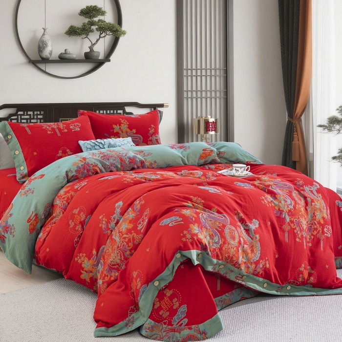 91家纺网 家纺一手货源 找家纺 （总）双层纱家居 2025新款全棉纯棉双层纱四件套-龙凤呈祥