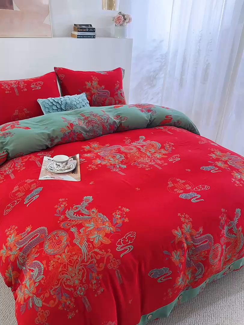 91家纺网 家纺一手货源 找家纺 （总）双层纱家居 2025新款全棉纯棉双层纱四件套-龙凤呈祥