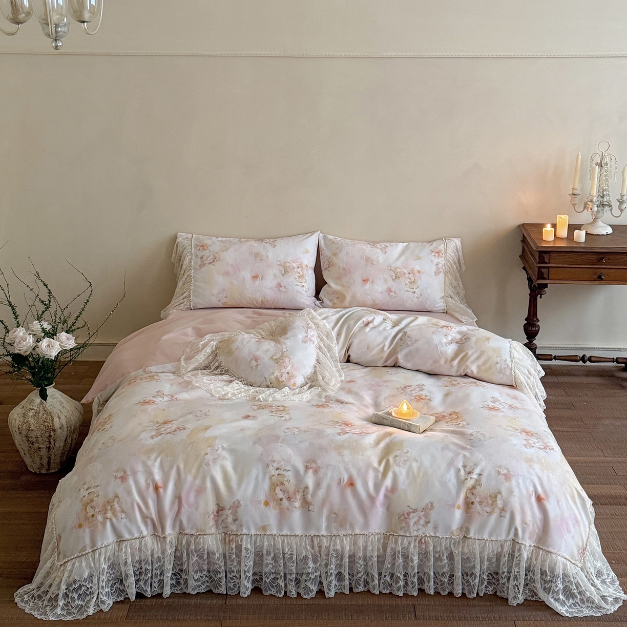 （总）多乐娜 2026新款100S长绒棉磨毛法式浪漫风花边款四件套-浅梦花兮（会员-20，控价:最低358/378起）