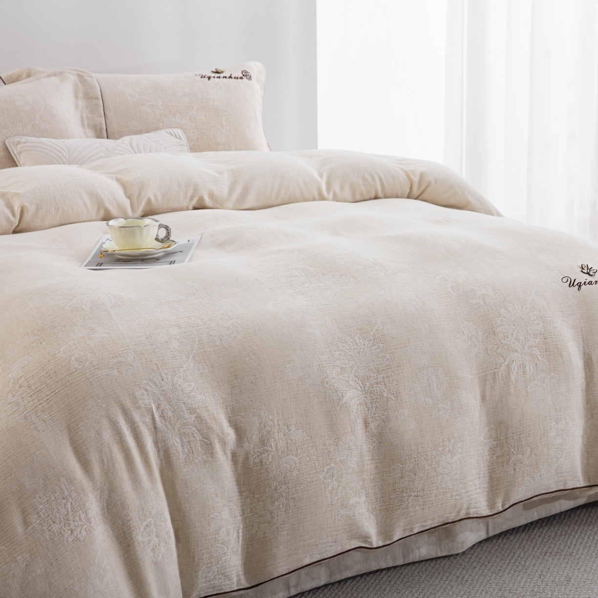 91家纺网 家纺一手货源 找家纺 （总）仰望棉麻双层纱供应链 2026新款棉麻滚绳工艺款四件套-蒂花之绣-蝶