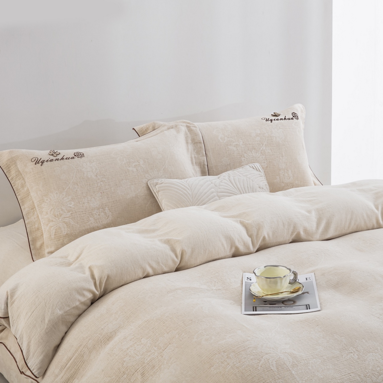 91家纺网 家纺一手货源 找家纺 （总）仰望棉麻双层纱供应链 2026新款棉麻滚绳工艺款四件套-蒂花之绣-蝶