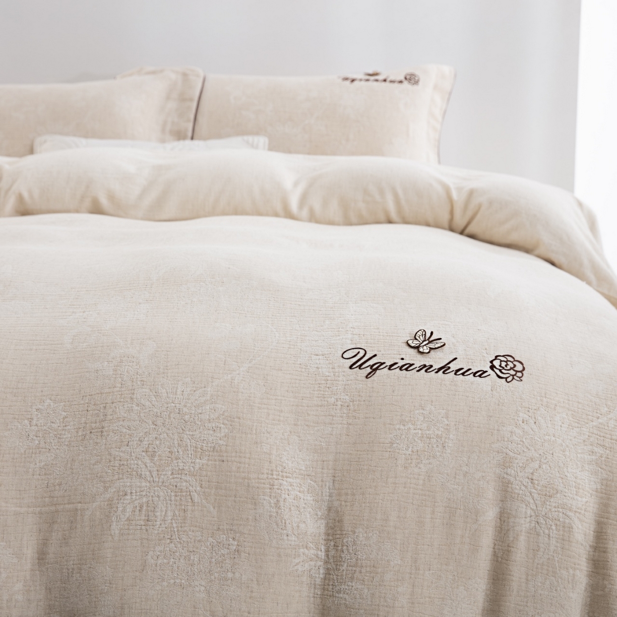 91家纺网 家纺一手货源 找家纺 （总）仰望棉麻双层纱供应链 2026新款棉麻滚绳工艺款四件套-蒂花之绣-蝶