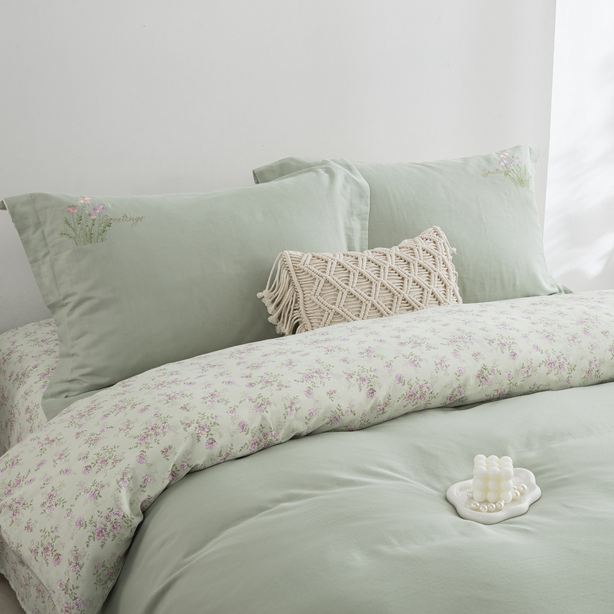 91家纺网 家纺一手货源 找家纺 仰望棉麻双层纱供应链 2026新款全棉双层纱绣花绣花四件套-初语 初语-薄荷绿