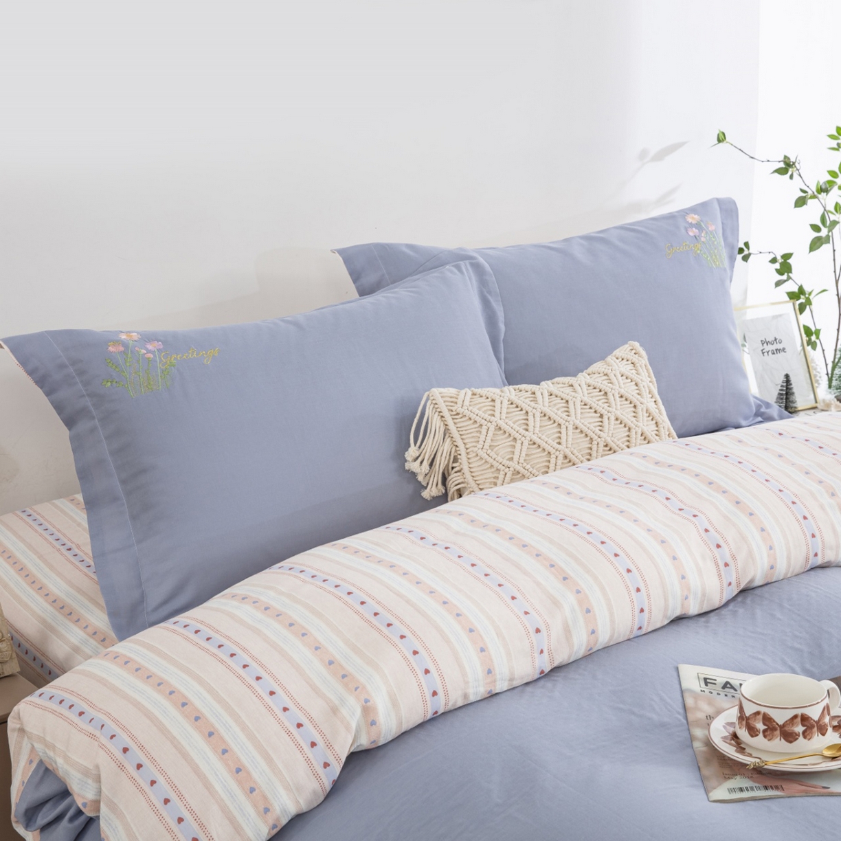 91家纺网 家纺一手货源 找家纺 仰望棉麻双层纱供应链 2026新款全棉双层纱绣花绣花四件套-初语 初语-雾霾蓝