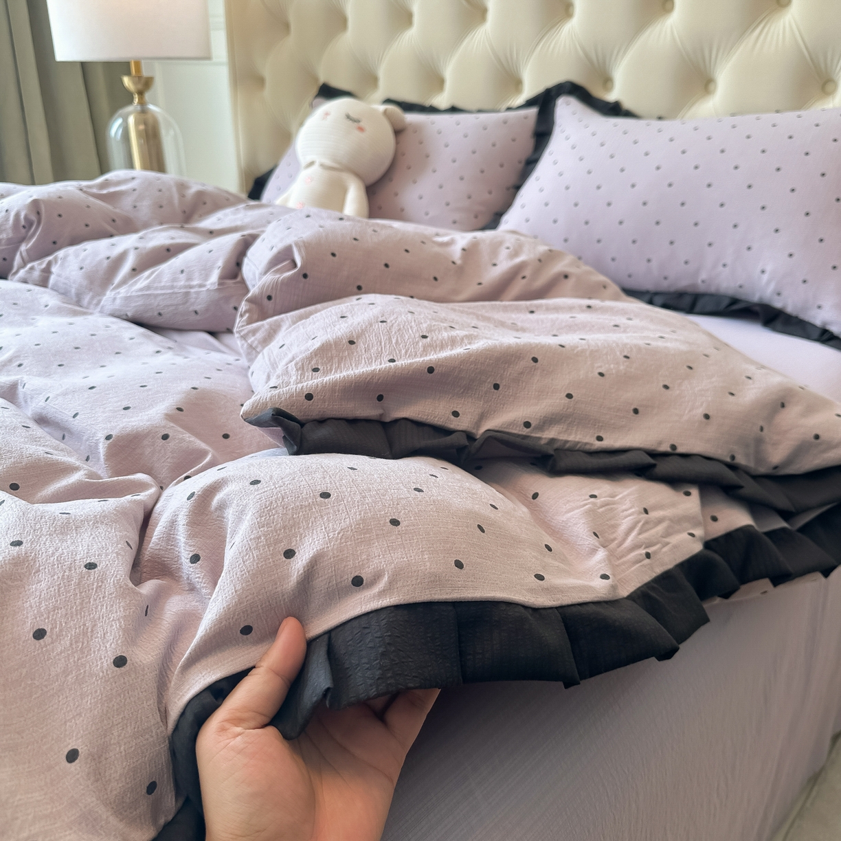 91家纺网 家纺一手货源 找家纺 韩巢家纺 2026新款黑色花边款四件套 黑丁香紫波点【黑皱皱花边款】