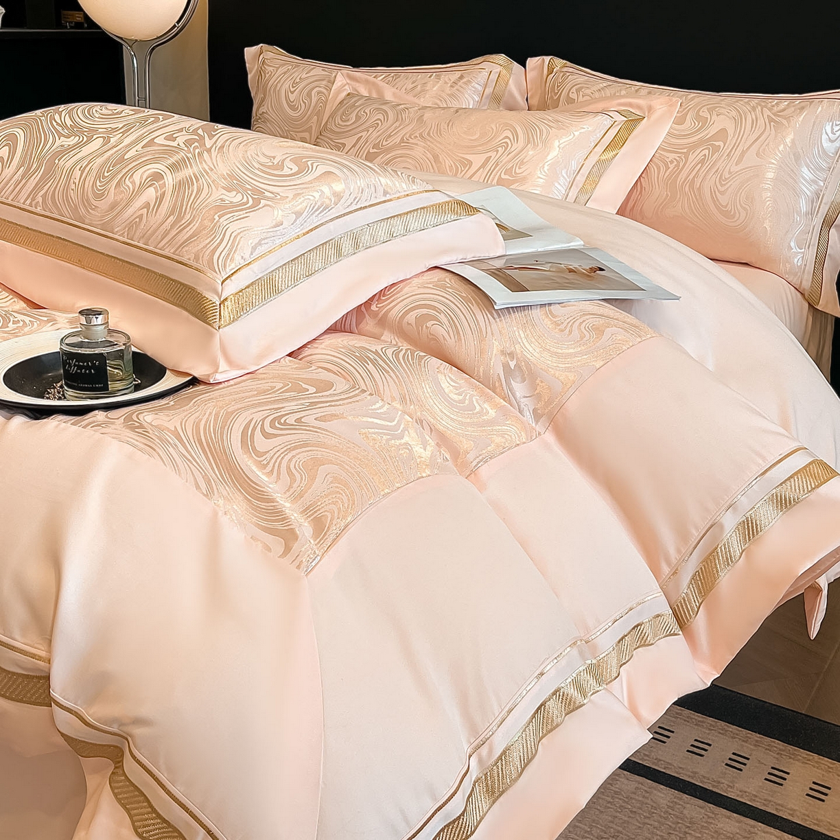 91家纺网 家纺一手货源 找家纺 （总）博纳家纺 2026新款高端色织提花拼角绣花宽边亲肤棉四件套海韵系列