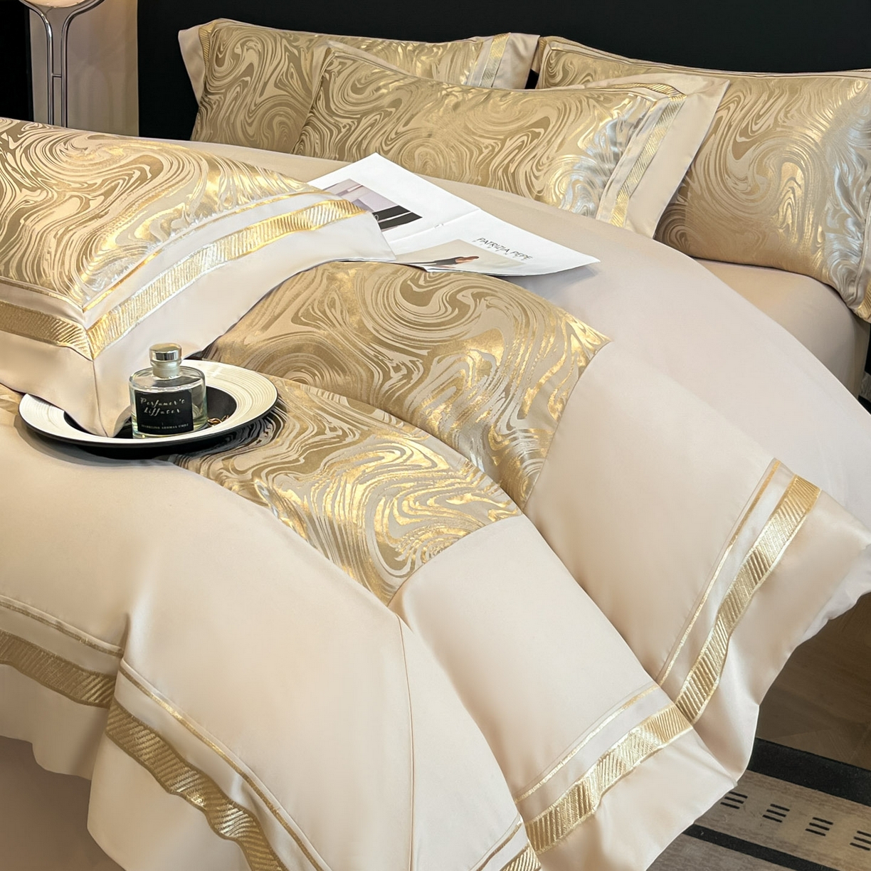 博纳家纺 2026新款高端色织提花拼角绣花宽边亲肤棉四件套海韵系列 海韵-香槟