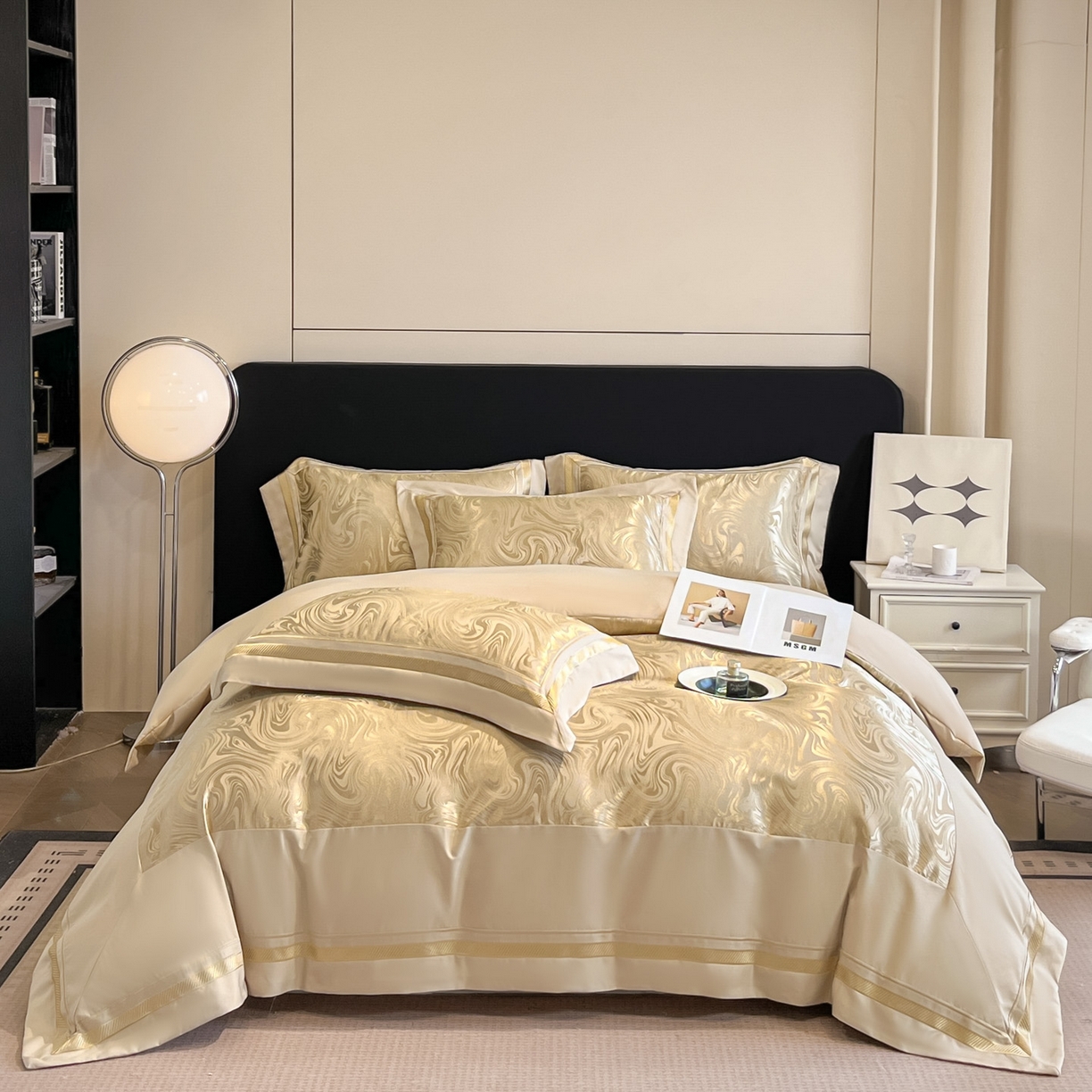 91家纺网 家纺一手货源 找家纺 博纳家纺 2026新款高端色织提花拼角绣花宽边亲肤棉四件套海韵系列 海韵-香槟