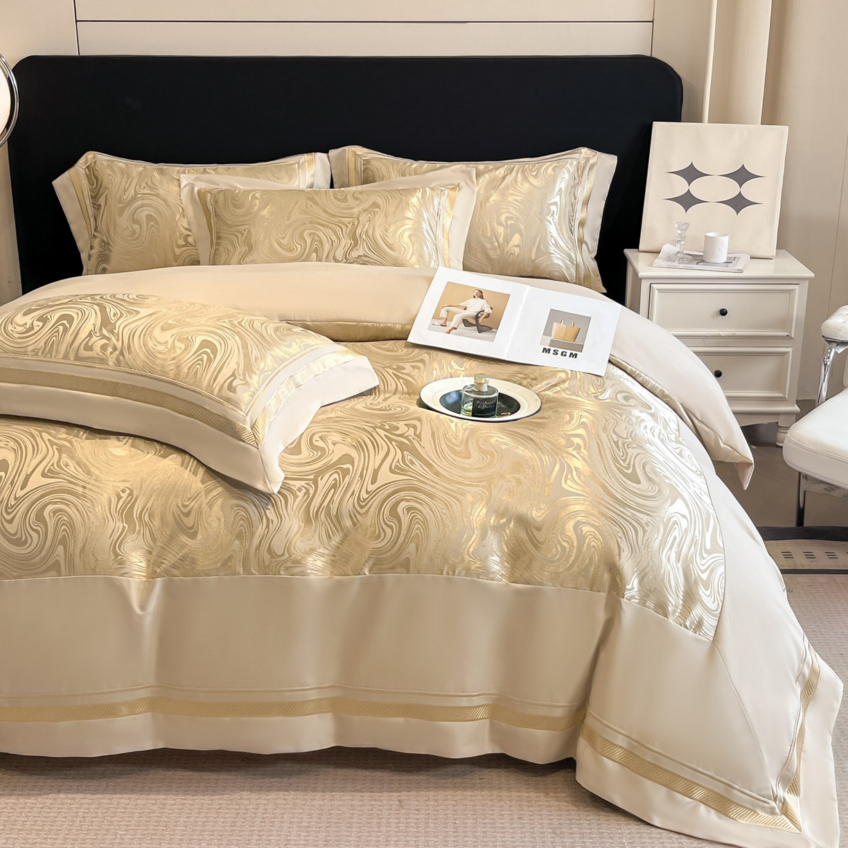 91家纺网 家纺一手货源 找家纺 博纳家纺 2026新款高端色织提花拼角绣花宽边亲肤棉四件套海韵系列 海韵-香槟