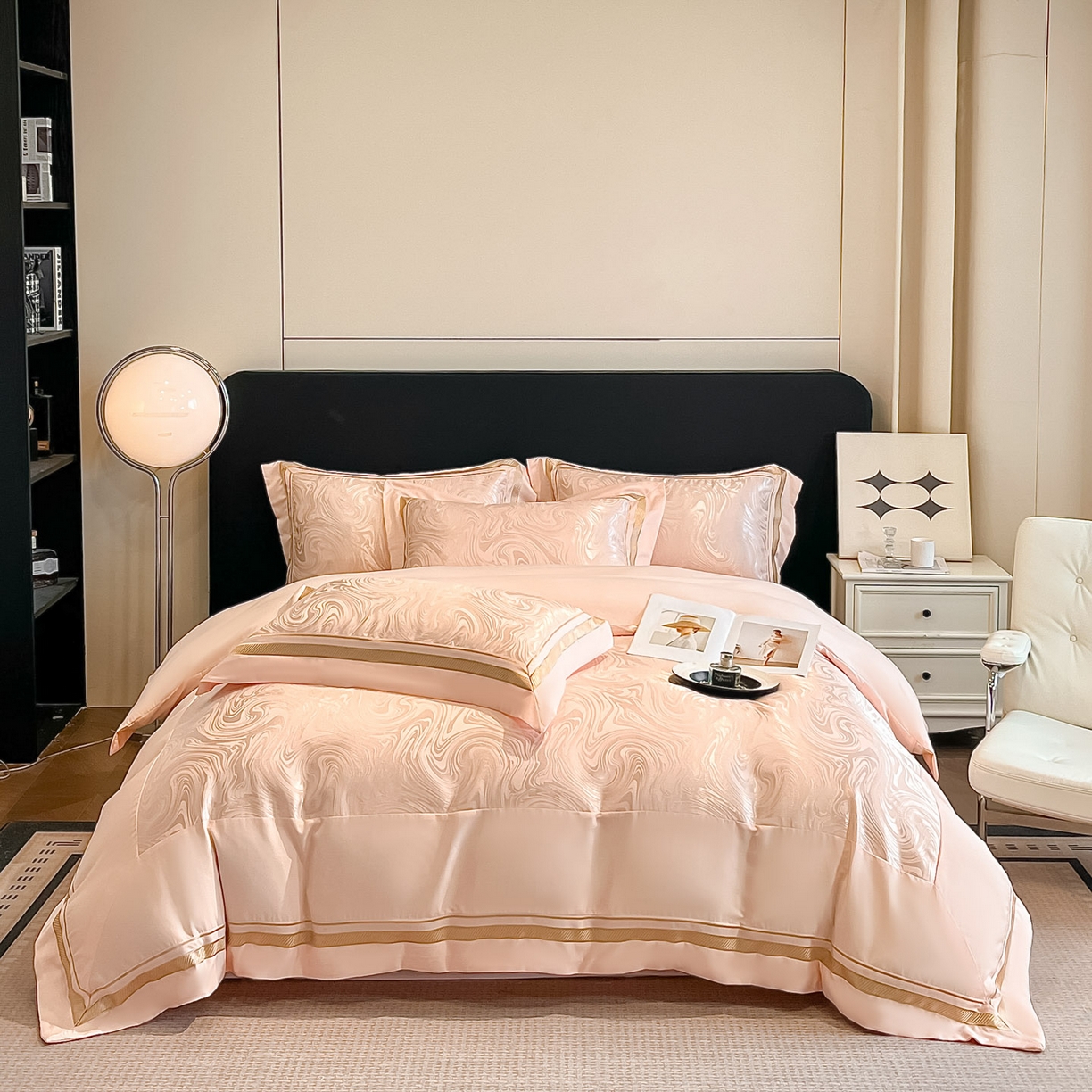 91家纺网 家纺一手货源 找家纺 博纳家纺 2026新款高端色织提花拼角绣花宽边亲肤棉四件套海韵系列 海韵-粉玉