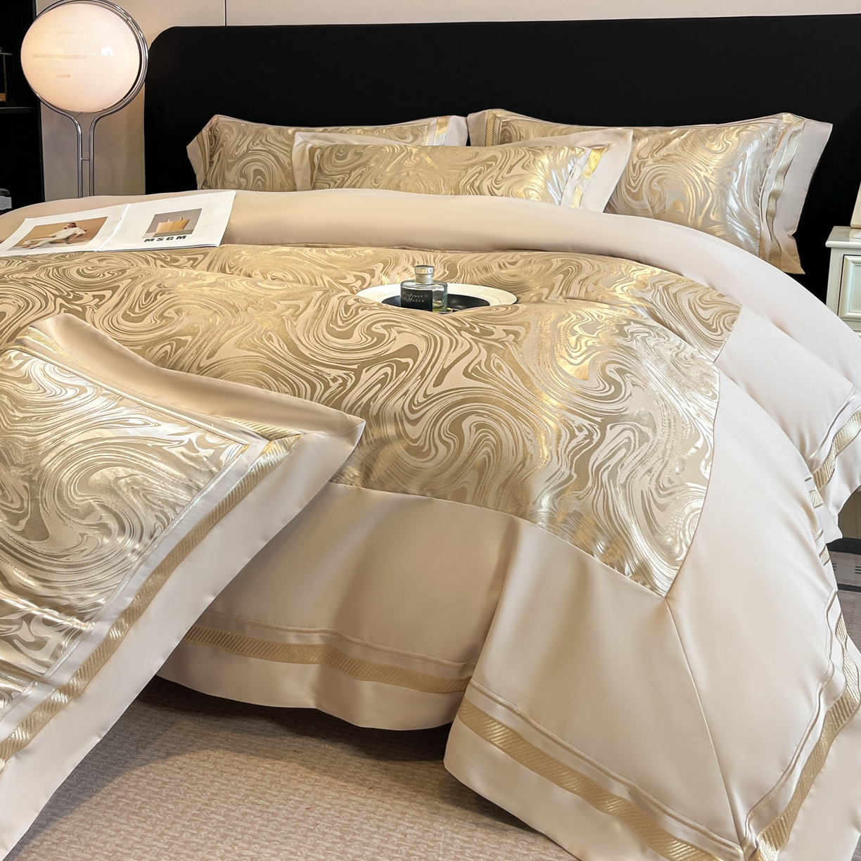 91家纺网 家纺一手货源 找家纺 博纳家纺 2026新款高端色织提花拼角绣花宽边亲肤棉四件套海韵系列 海韵-香槟