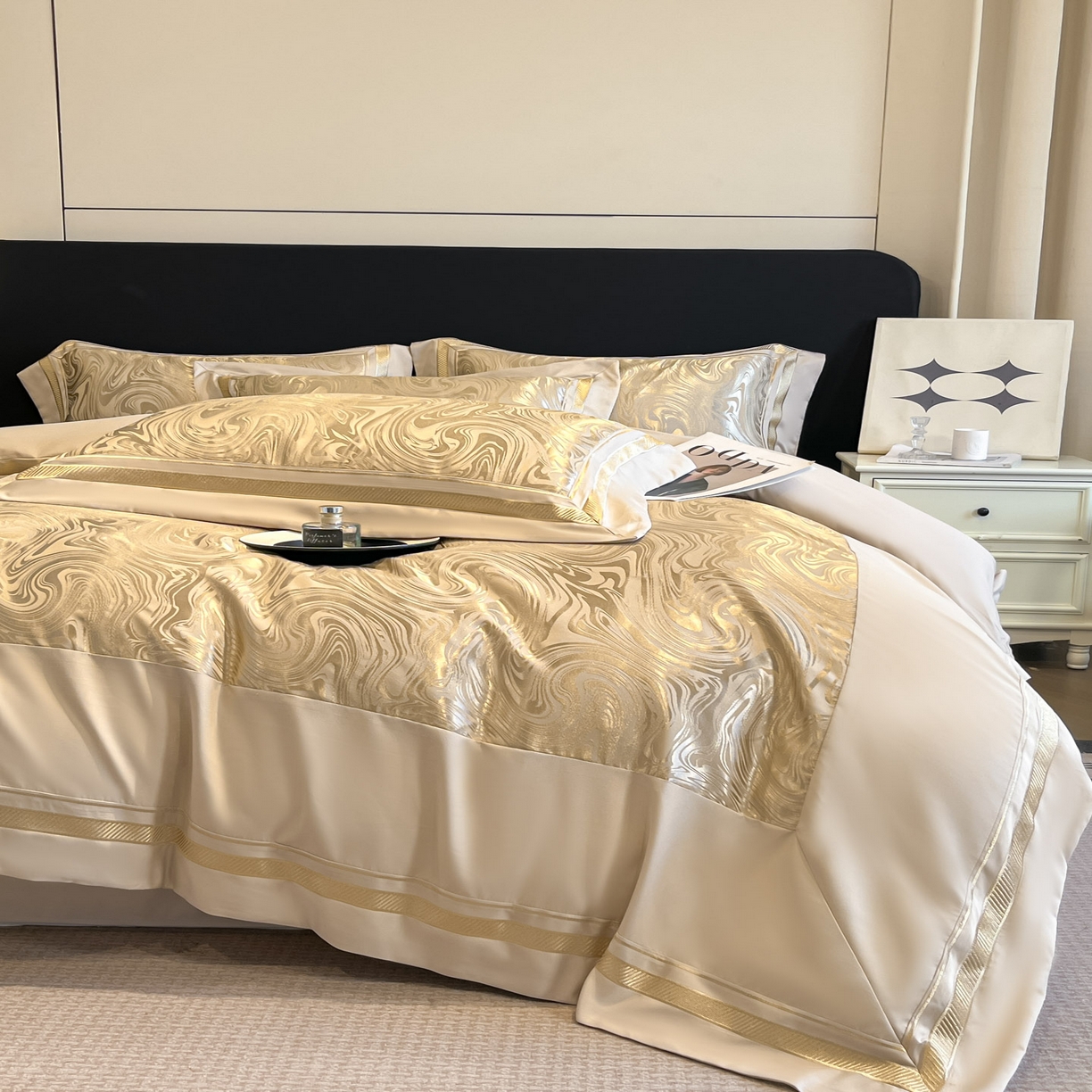 91家纺网 家纺一手货源 找家纺 博纳家纺 2026新款高端色织提花拼角绣花宽边亲肤棉四件套海韵系列 海韵-香槟