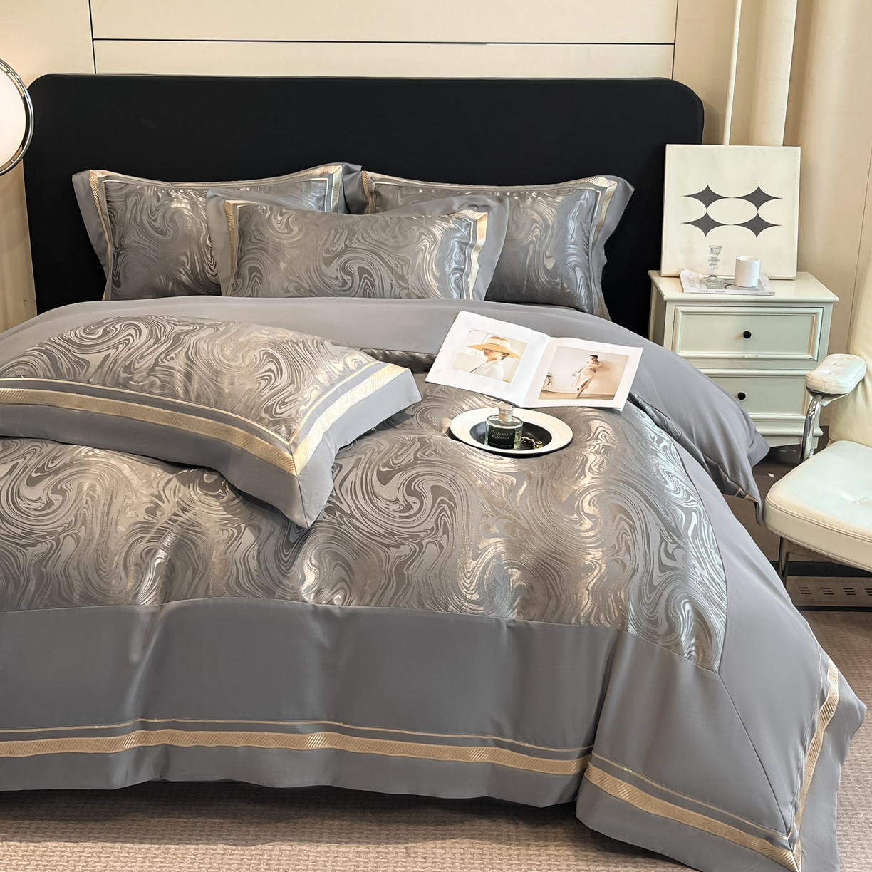 91家纺网 家纺一手货源 找家纺 博纳家纺 2026新款高端色织提花拼角绣花宽边亲肤棉四件套海韵系列 海韵-绅士灰