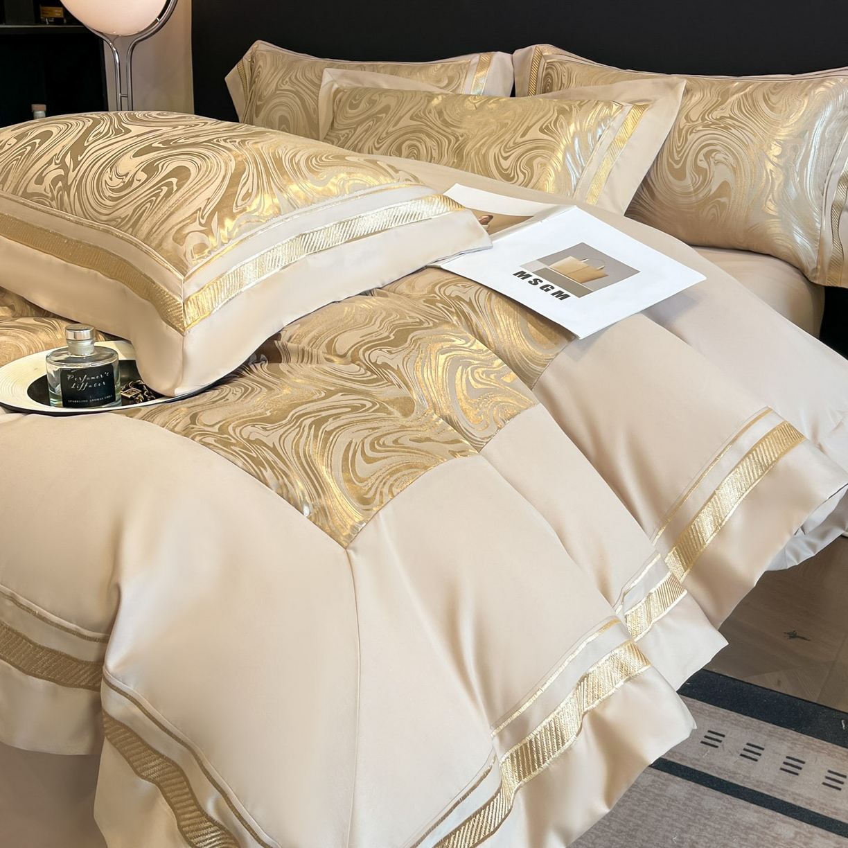 91家纺网 家纺一手货源 找家纺 博纳家纺 2026新款高端色织提花拼角绣花宽边亲肤棉四件套海韵系列 海韵-香槟