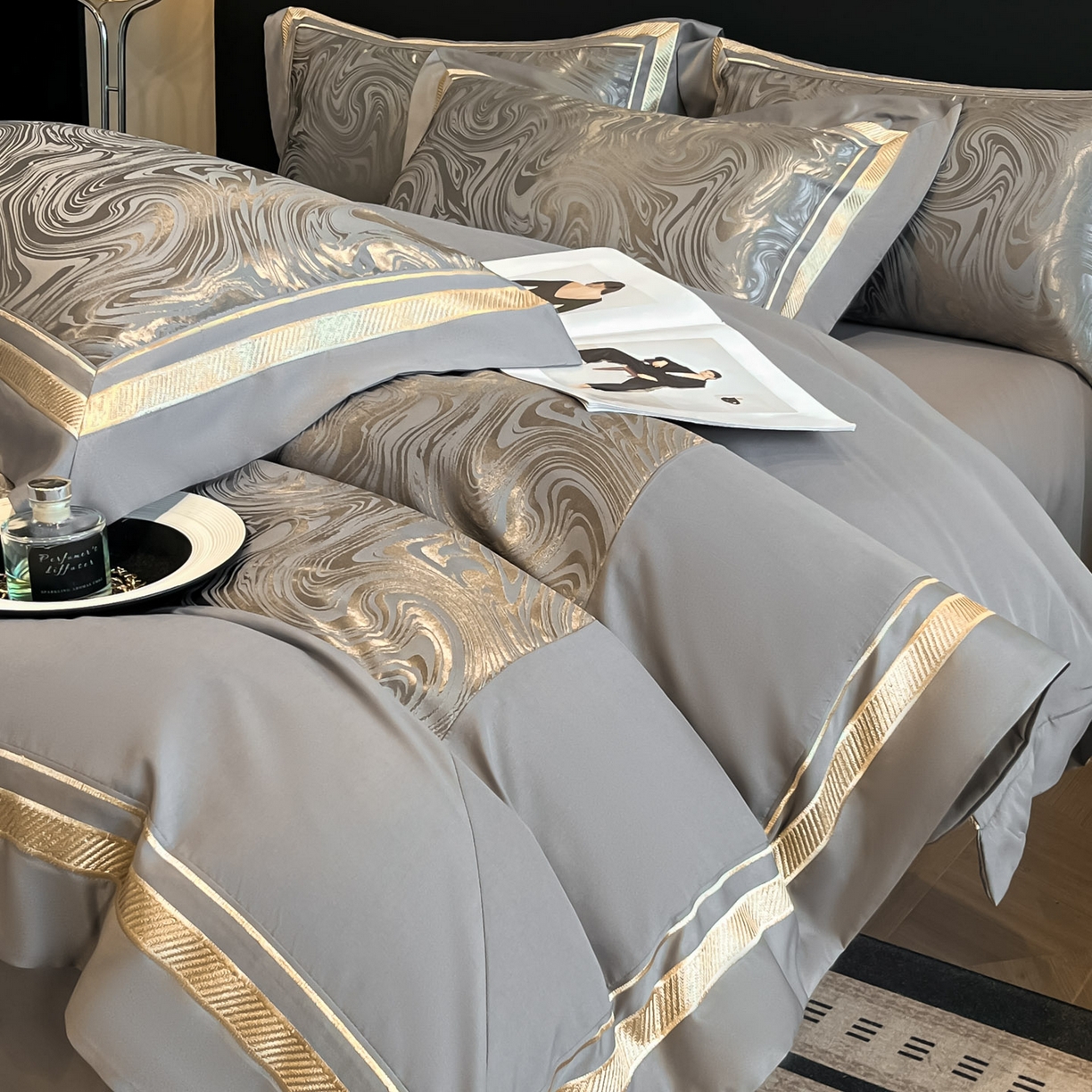 博纳家纺 2026新款高端色织提花拼角绣花宽边亲肤棉四件套海韵系列 海韵-绅士灰