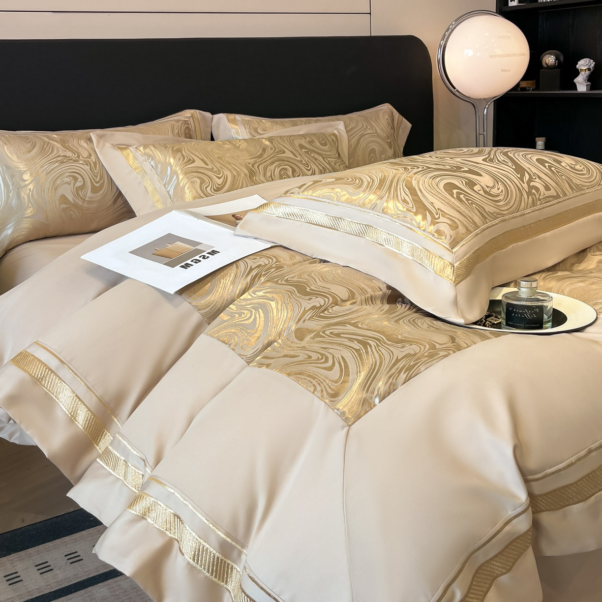 91家纺网 家纺一手货源 找家纺 博纳家纺 2026新款高端色织提花拼角绣花宽边亲肤棉四件套海韵系列 海韵-香槟