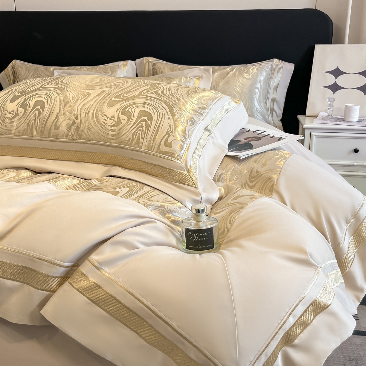 91家纺网 家纺一手货源 找家纺 博纳家纺 2026新款高端色织提花拼角绣花宽边亲肤棉四件套海韵系列 海韵-香槟